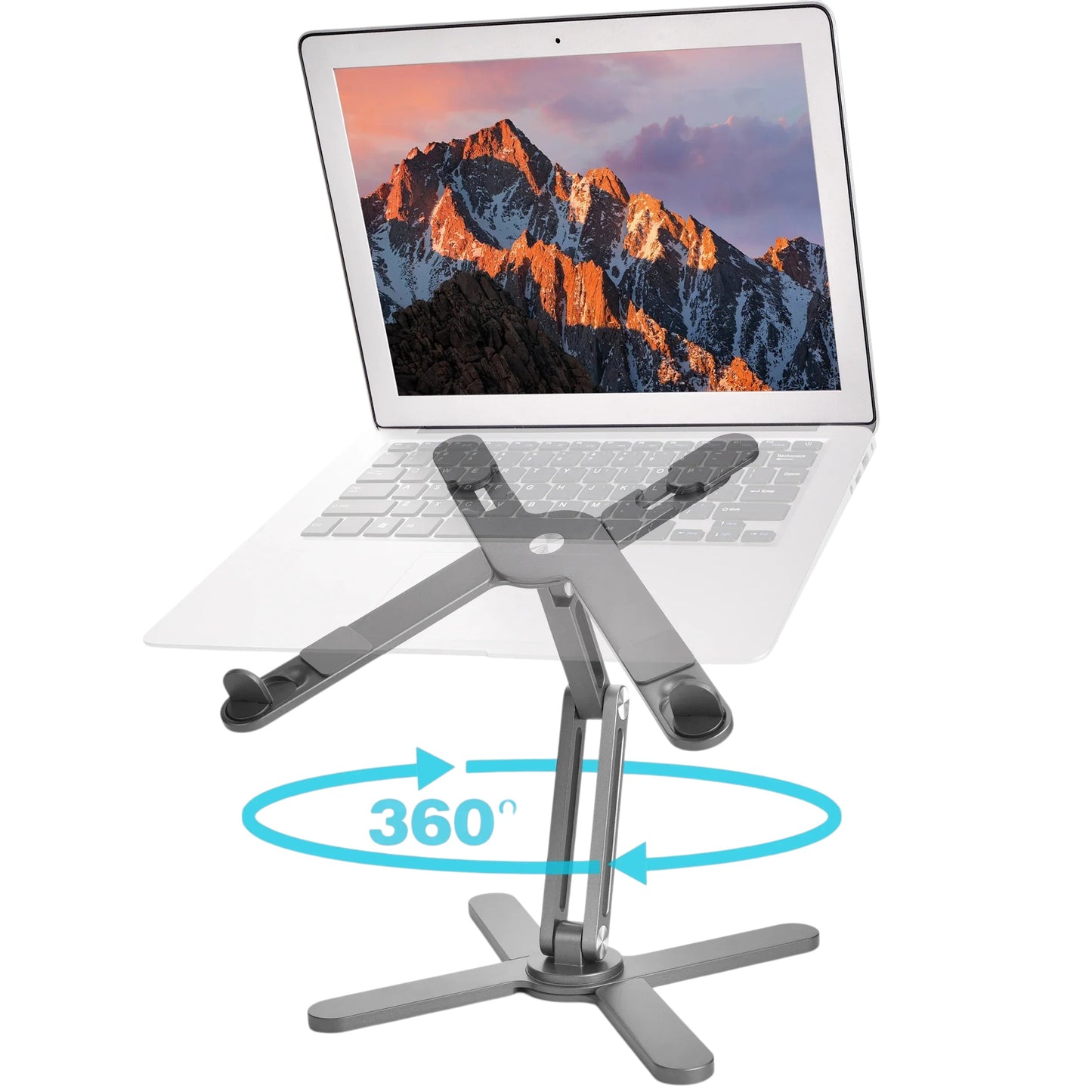 Essential Selects gray aluminum foldable laptop stand with 360-degree rotation and ergonomic height adjustment.