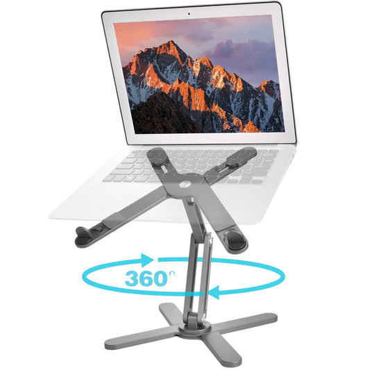 Essential Selects gray aluminum foldable laptop stand with 360-degree rotation and ergonomic height adjustment.