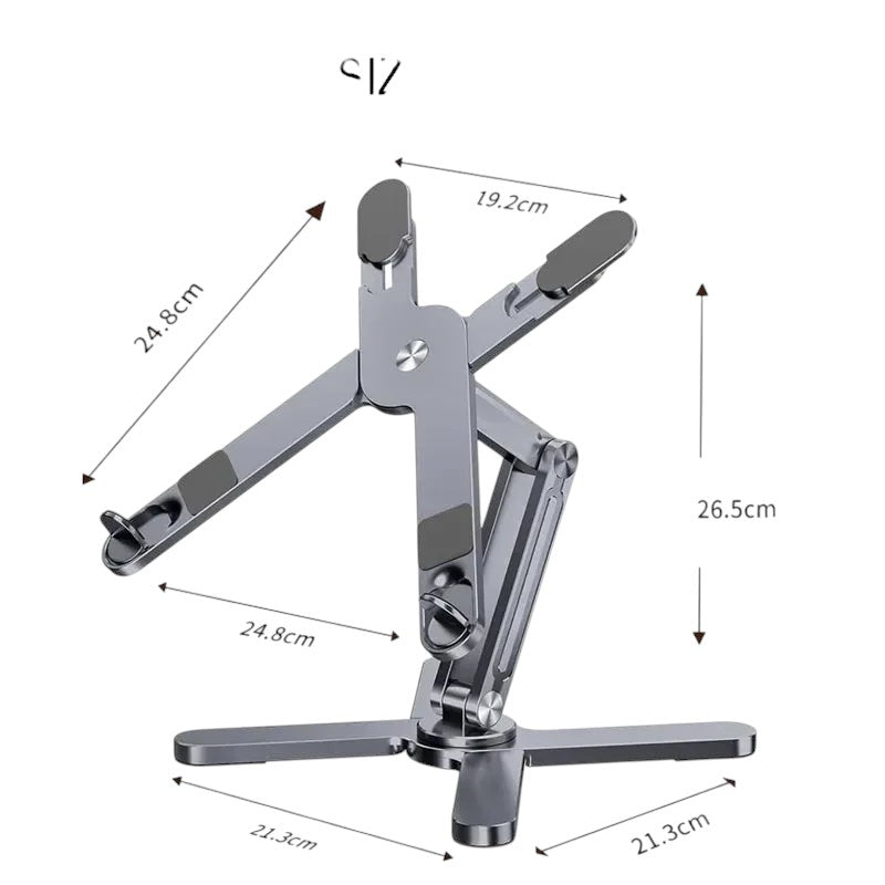 Essential Selects gray aluminum foldable laptop stand with 360-degree rotation and ergonomic height adjustment