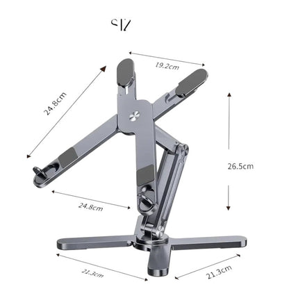 Essential Selects gray aluminum foldable laptop stand with 360-degree rotation and ergonomic height adjustment