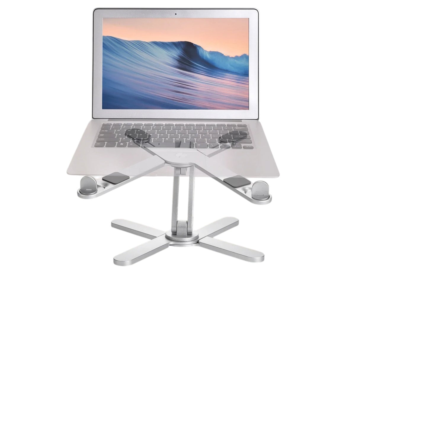 Essential Selects silver aluminum foldable laptop stand with 360-degree rotation and ergonomic height adjustment.