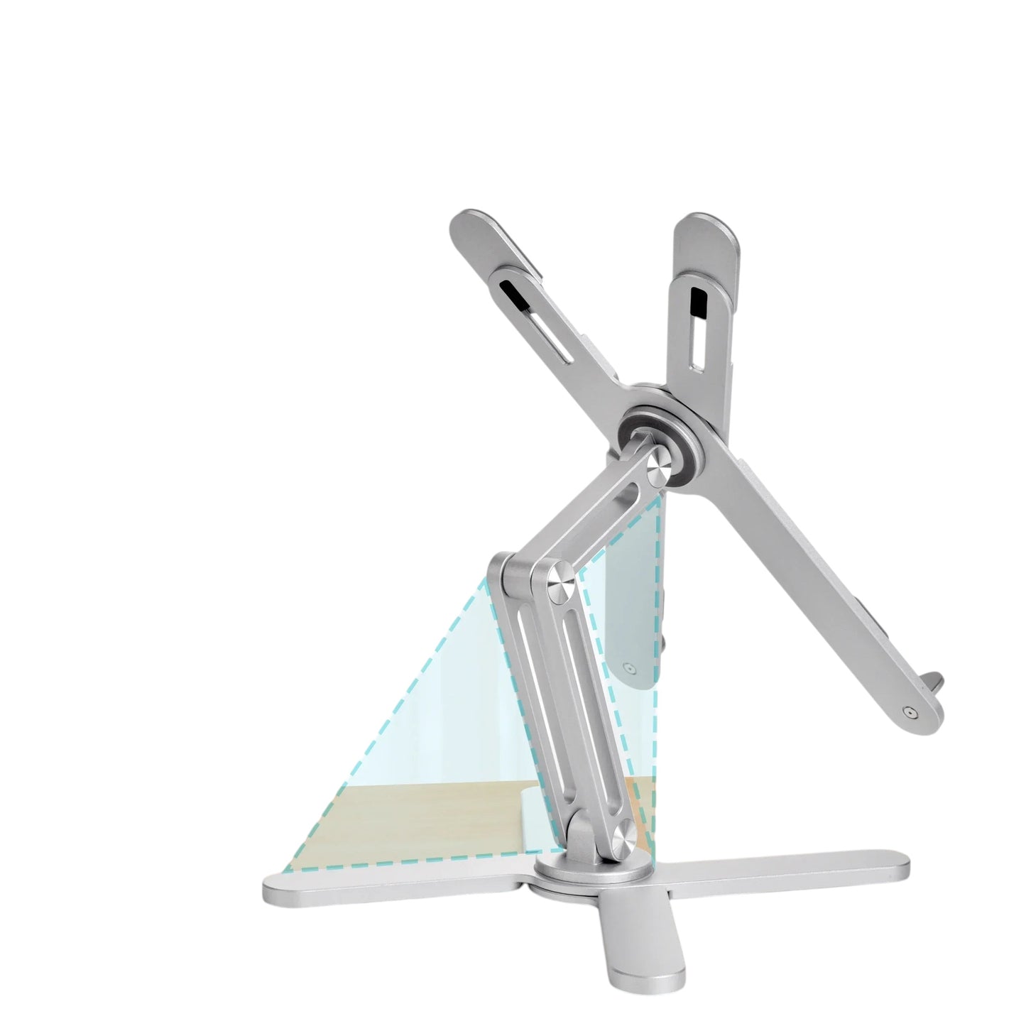 Essential Selects silver aluminum foldable laptop stand with 360-degree rotating base and ergonomic adjustable arm