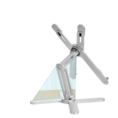 Essential Selects silver aluminum foldable laptop stand with 360-degree rotating base and ergonomic adjustable arm