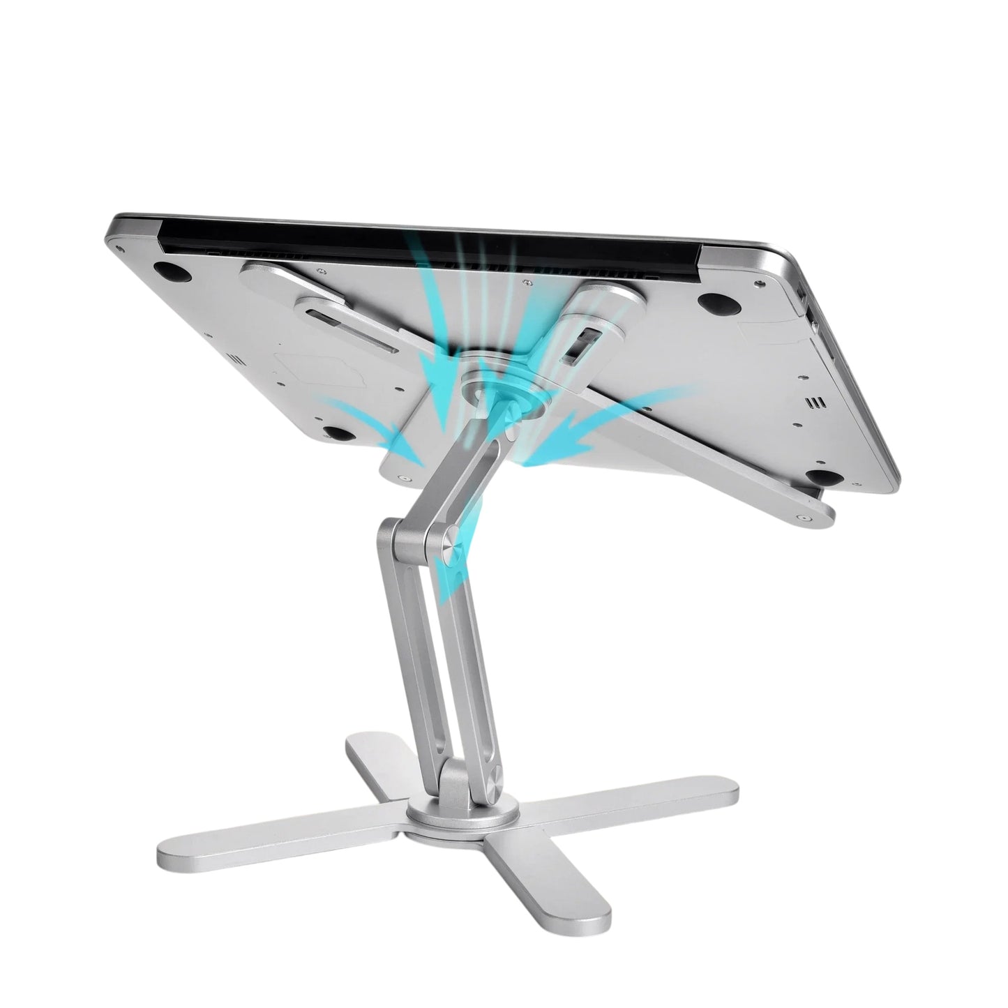 Essential Selects silver aluminum foldable laptop stand with 360-degree rotation and ergonomic heat dissipation design