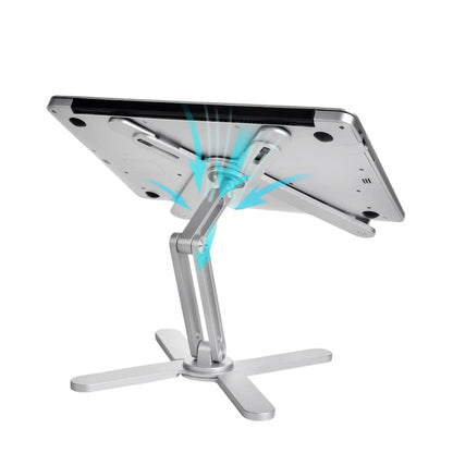 Essential Selects silver aluminum foldable laptop stand with 360-degree rotation and ergonomic heat dissipation design