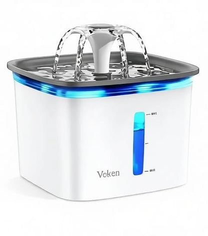 Essential Selects 2.8L automatic pet water fountain in white with blue LED light and flower waterfall flow design