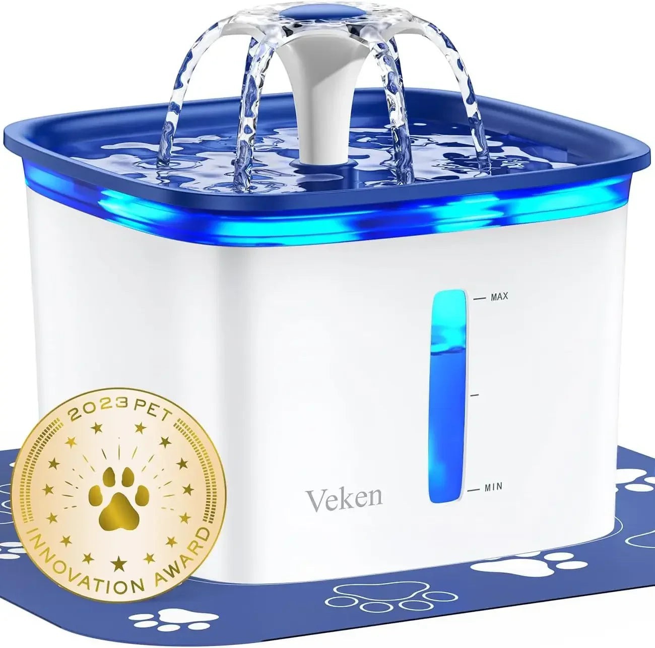 Essential Selects 2.8L grey automatic pet water fountain with flower waterfall, LED light, and water level window.