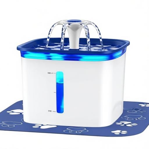 Essential Selects 2.8L automatic pet water fountain in white and blue with a flower waterfall and water-level window.