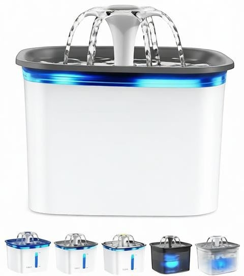 Essential Selects 2.8L automatic pet water fountain in grey with flower waterfall, LED light, and water-level window.