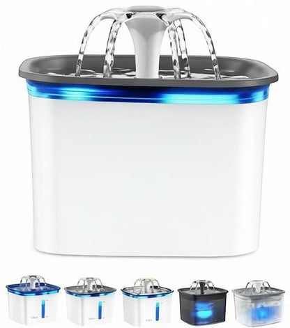 Essential Selects 2.8L automatic pet water fountain in grey with flower waterfall, LED light, and water-level window.