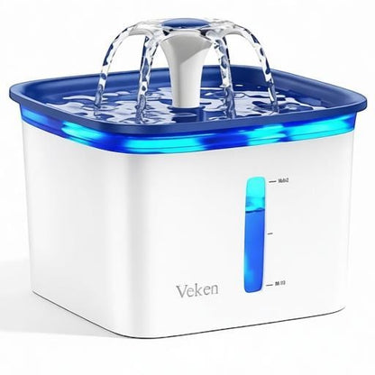Essential Selects 2.8L automatic pet water fountain in white and blue with a flower waterfall and LED light indicator.