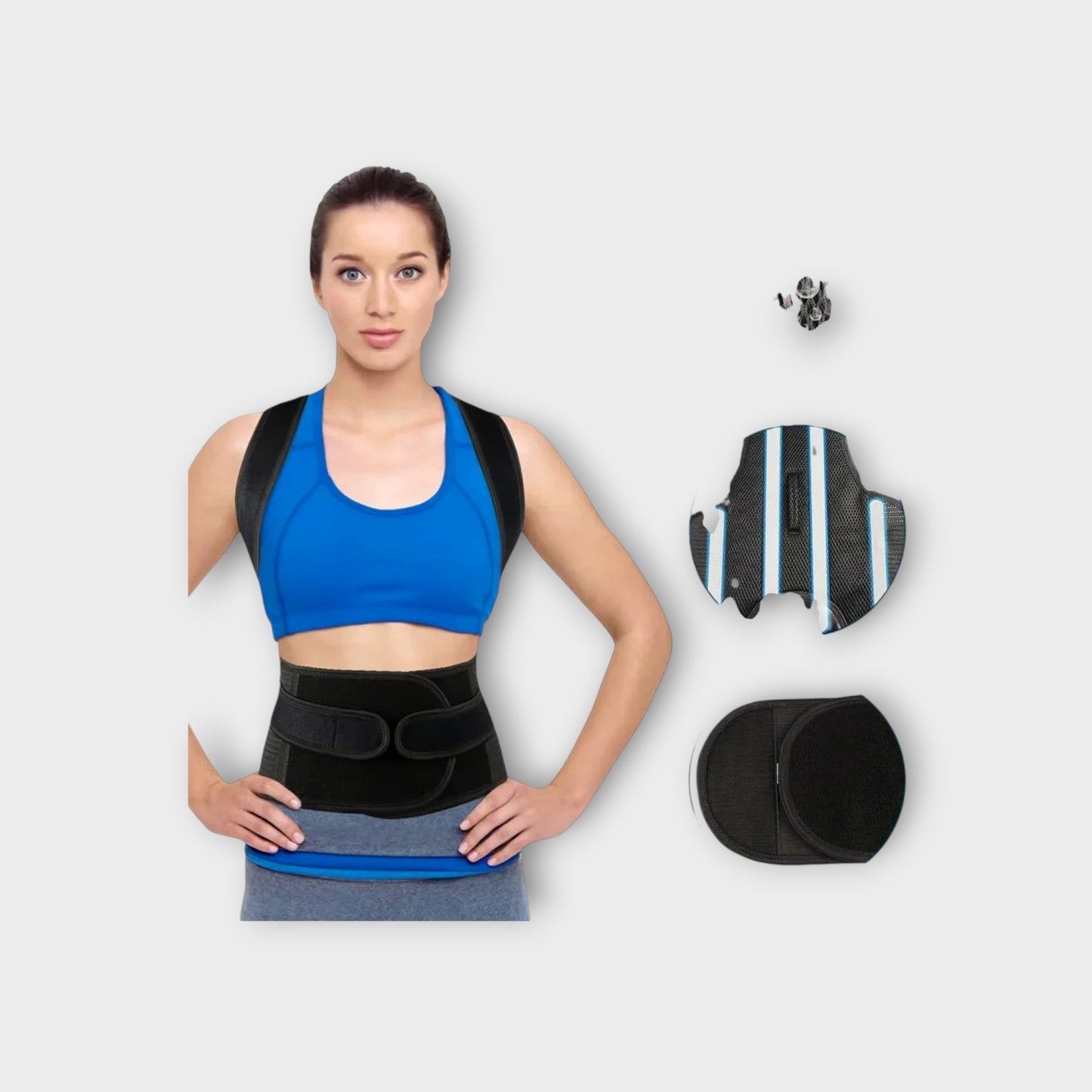 Essential Selects adjustable back posture corrector brace with breathable mesh, worn by a woman for spinal support.