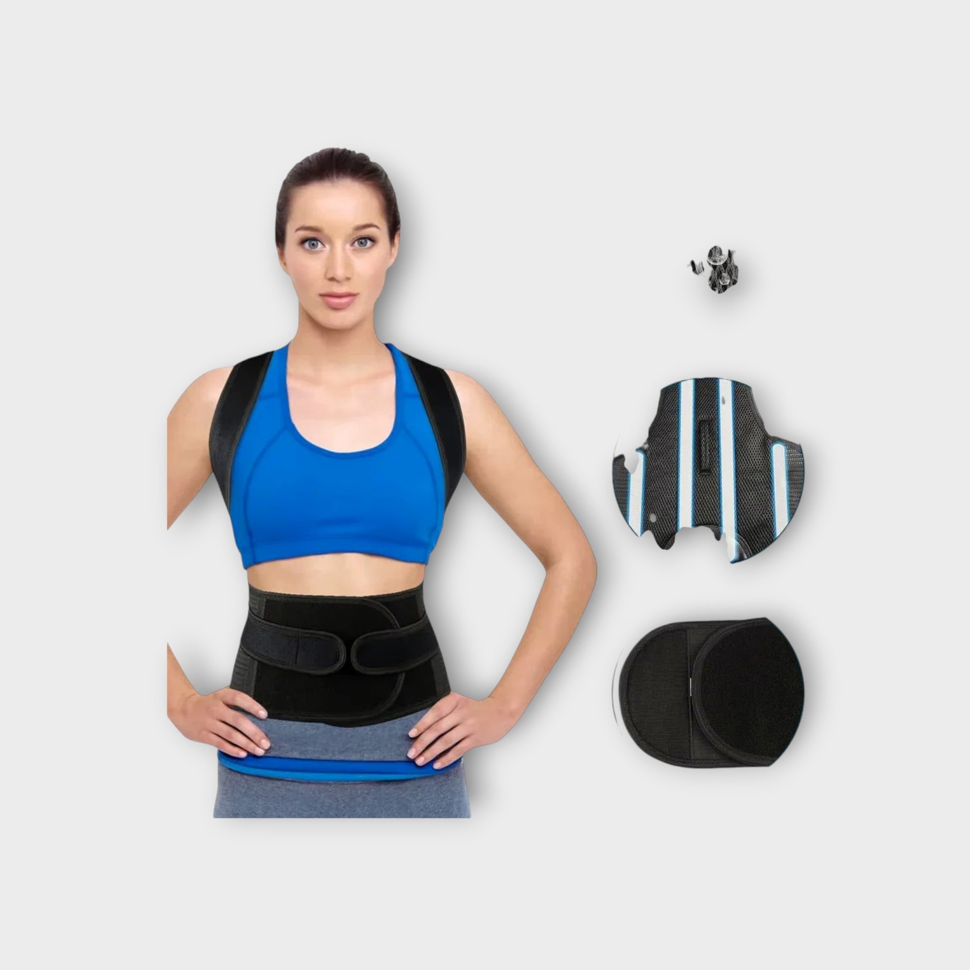 Essential Selects adjustable back posture corrector brace with breathable mesh, worn by a woman for spinal support.
