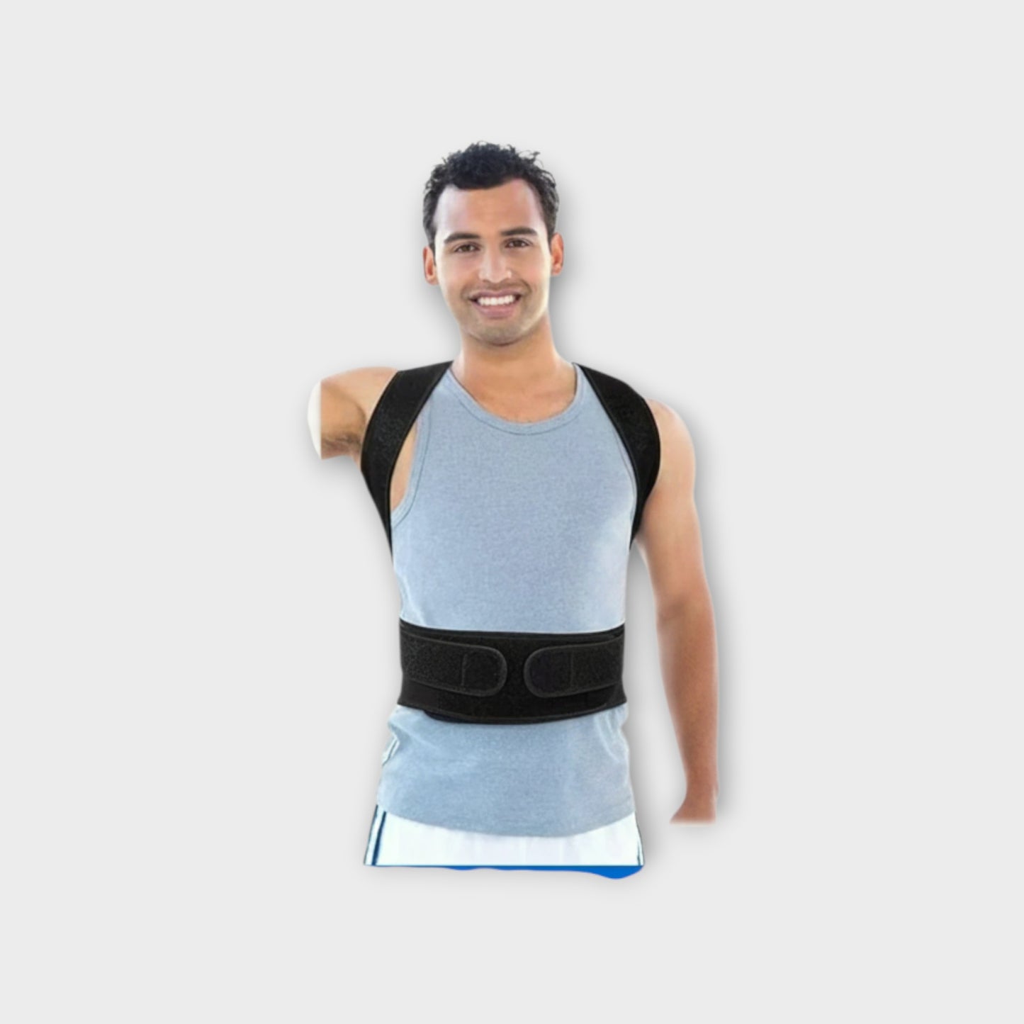 Essential Selects adjustable back posture corrector brace showing a man with improved spinal alignment and posture.