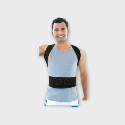 Essential Selects adjustable back posture corrector brace showing a man with improved spinal alignment and posture.