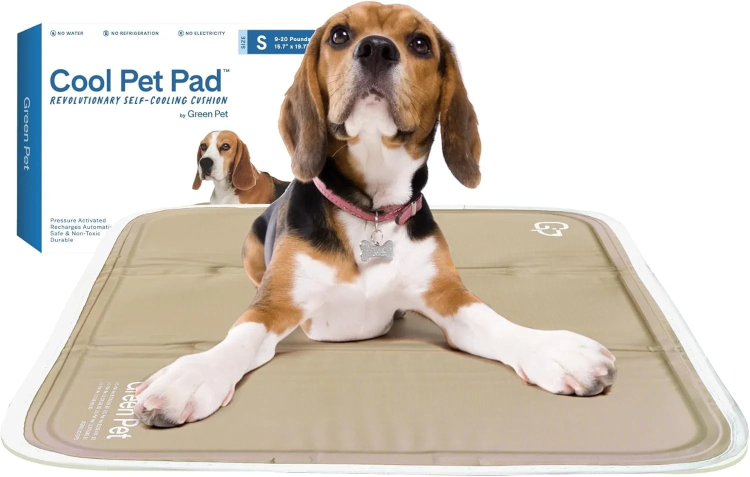 Essential Selects beagle dog resting on a beige pressure-activated self-cooling gel pet pad for comfort.
