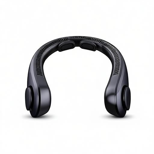 Essential Selects black bladeless wearable neck fan with 5 speed settings and LED display for hands-free cooling.