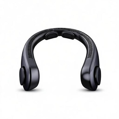 Essential Selects black bladeless wearable neck fan with 5 speed settings and LED display for hands-free cooling.