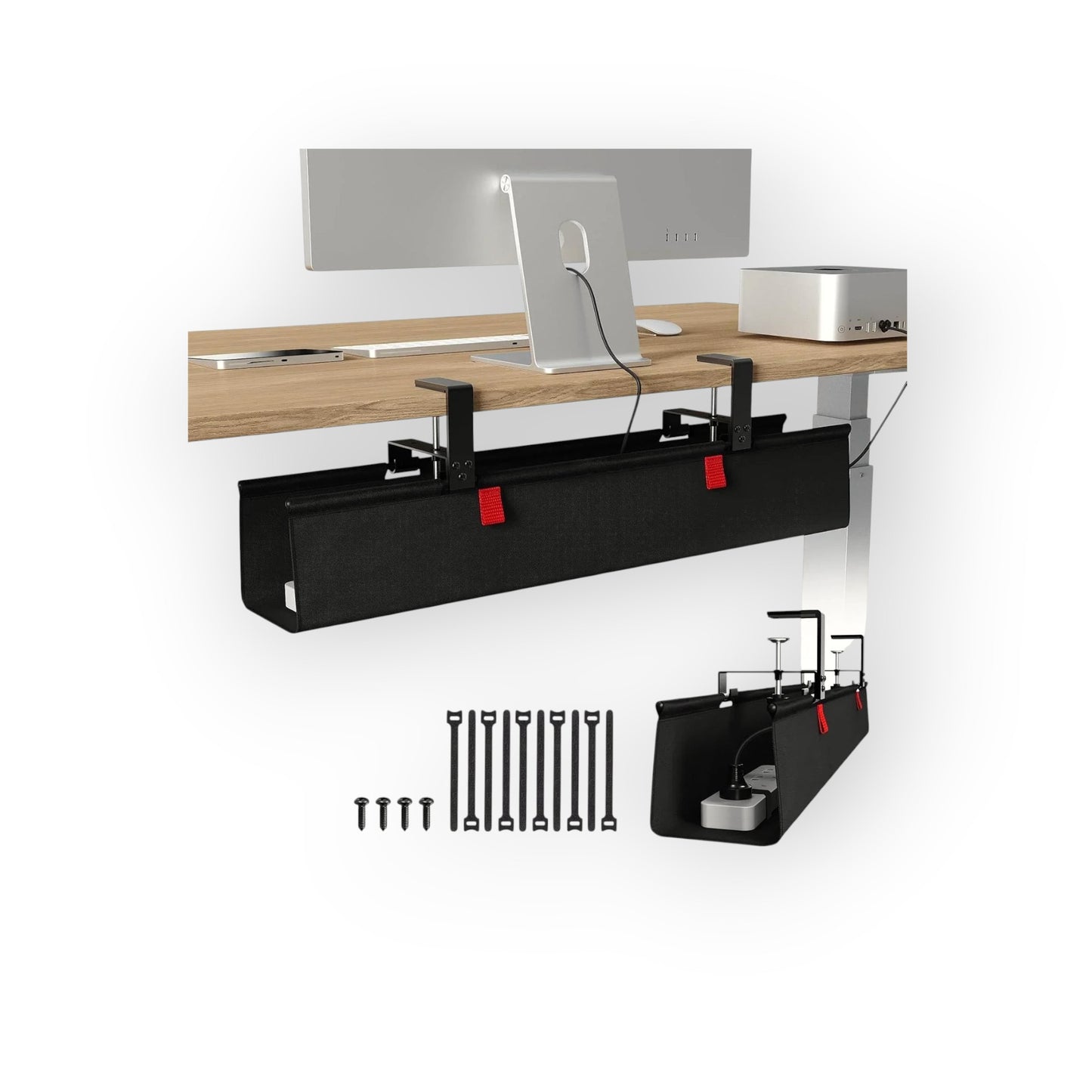 Essential Selects KEEGH 48-inch black Oxford fabric under desk cable management tray with clamp-on installation.