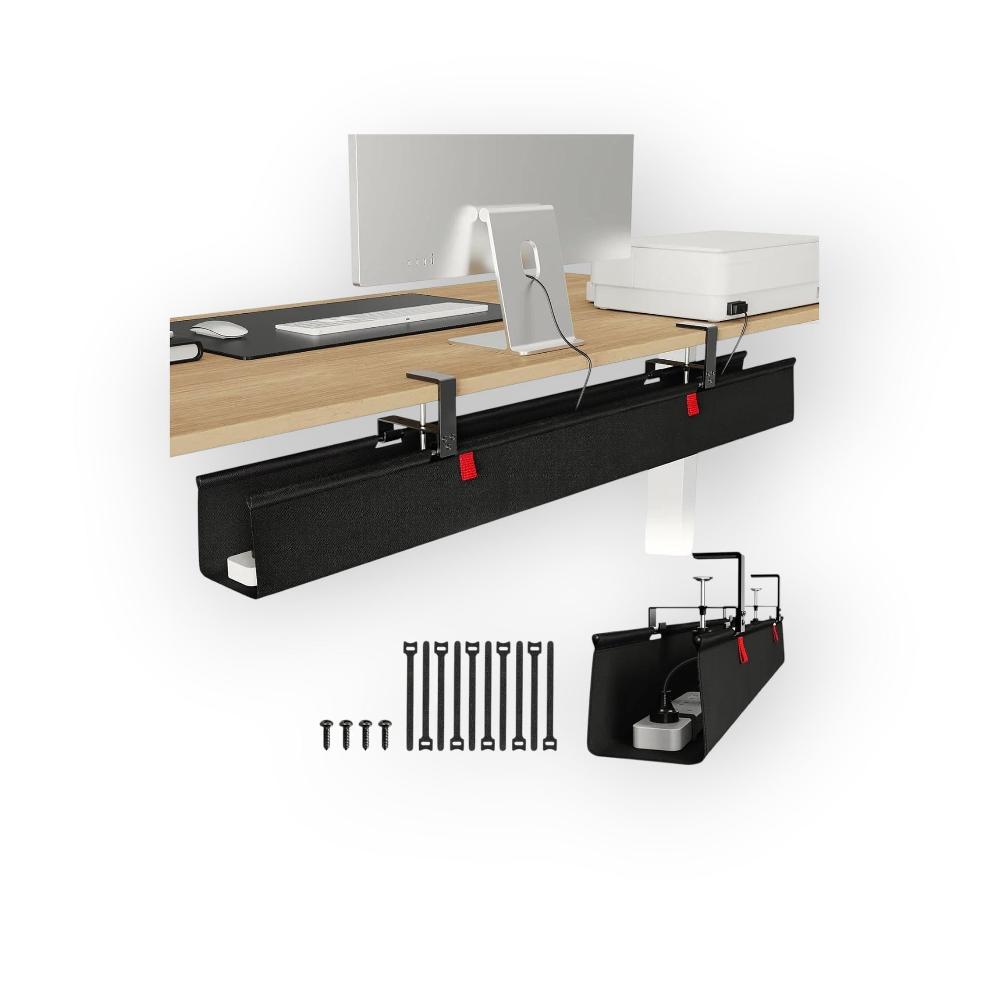 Essential Selects KEEGH 48-inch black fabric under desk cable management tray with clamp-on installation hardware.