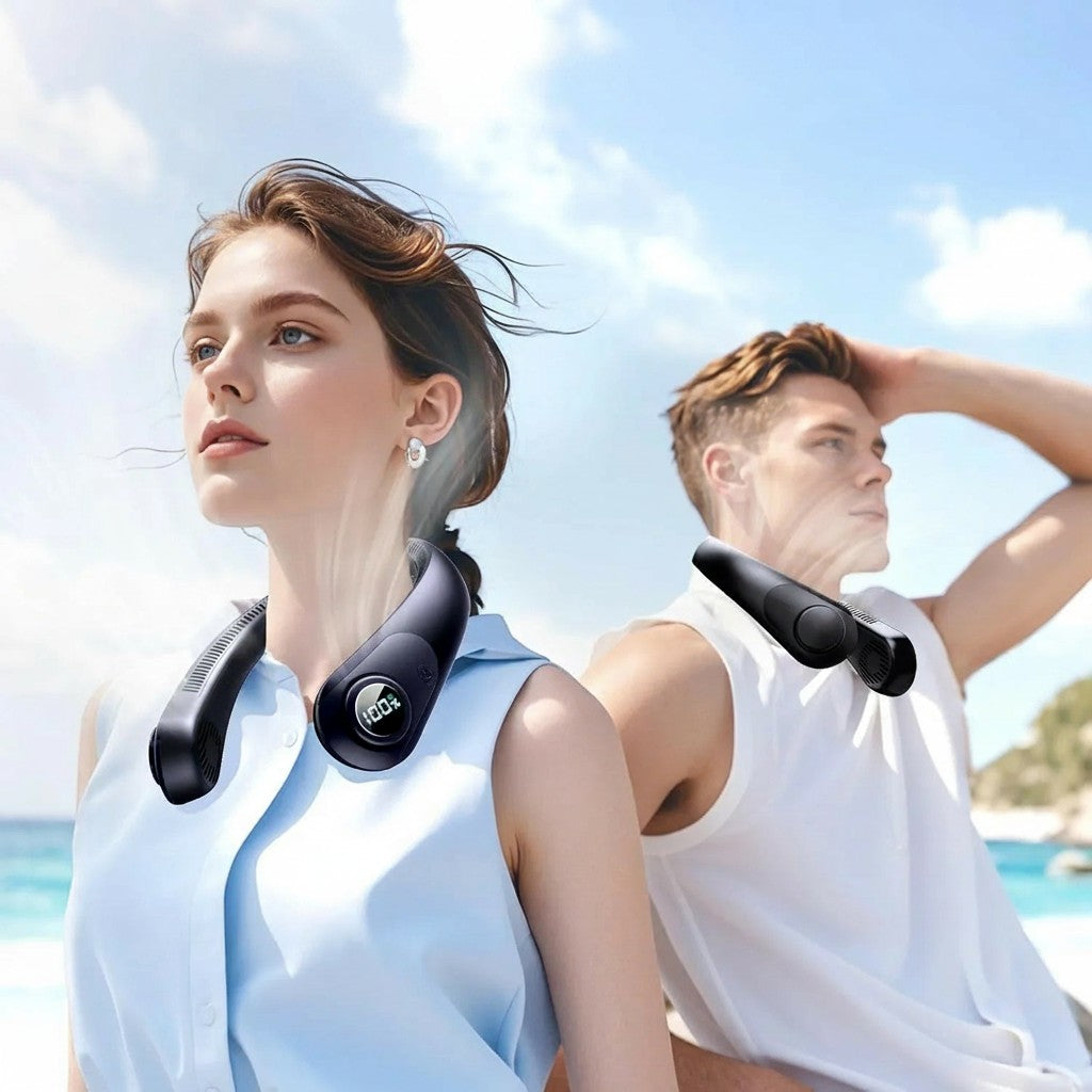 Essential Selects black bladeless portable neck fan with LED display worn by a woman and man at the beach