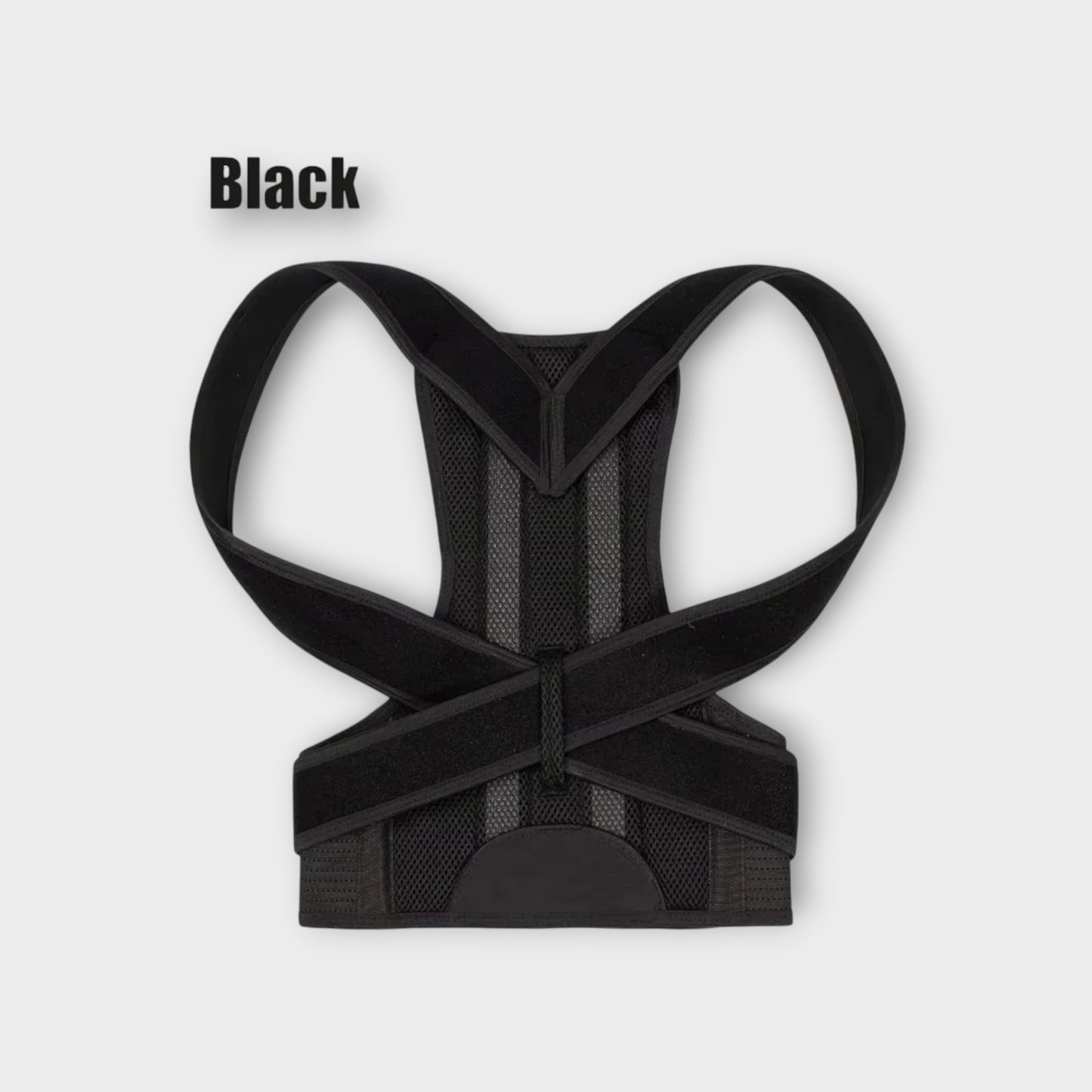 Essential Selects black adjustable back posture corrector brace made from breathable mesh with reinforced support straps.