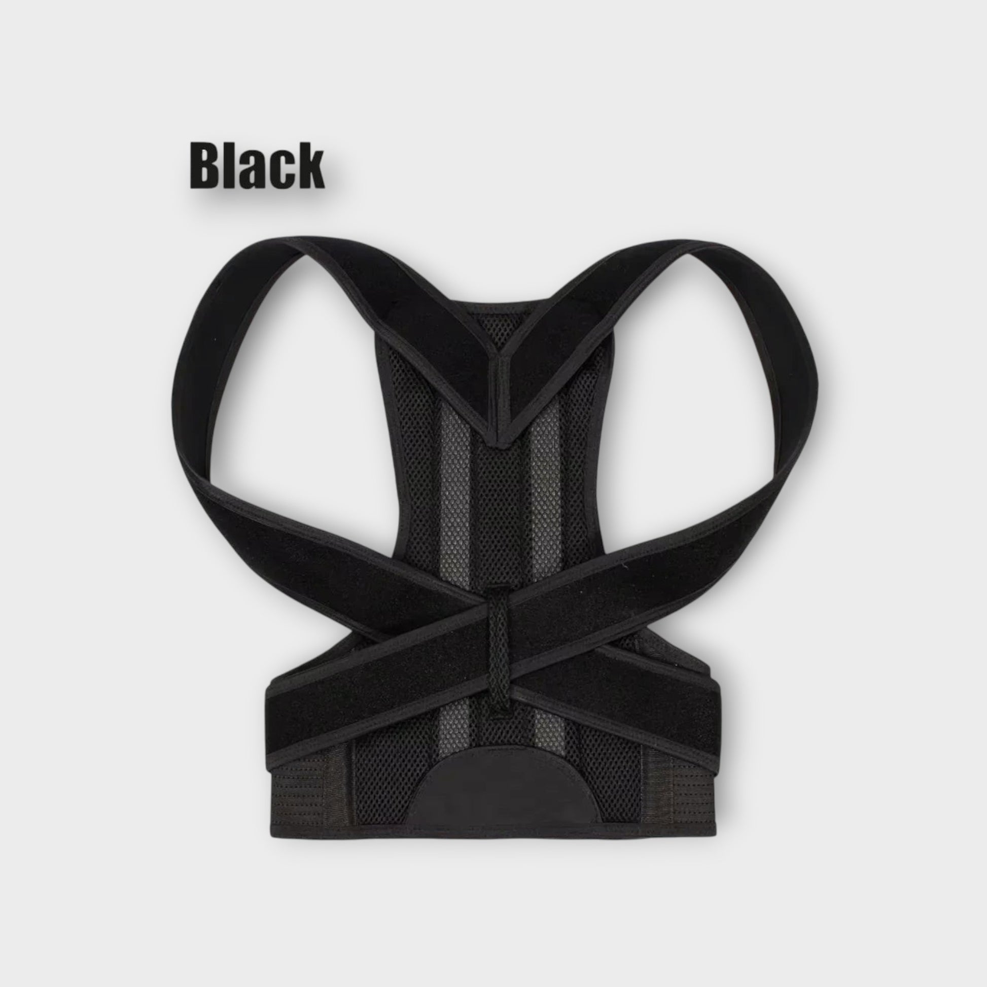 Essential Selects black adjustable back posture corrector brace made from breathable mesh with reinforced support straps.