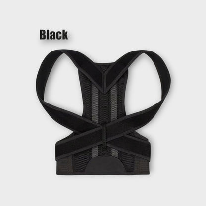 Essential Selects black adjustable back posture corrector brace made from breathable mesh with reinforced support straps.