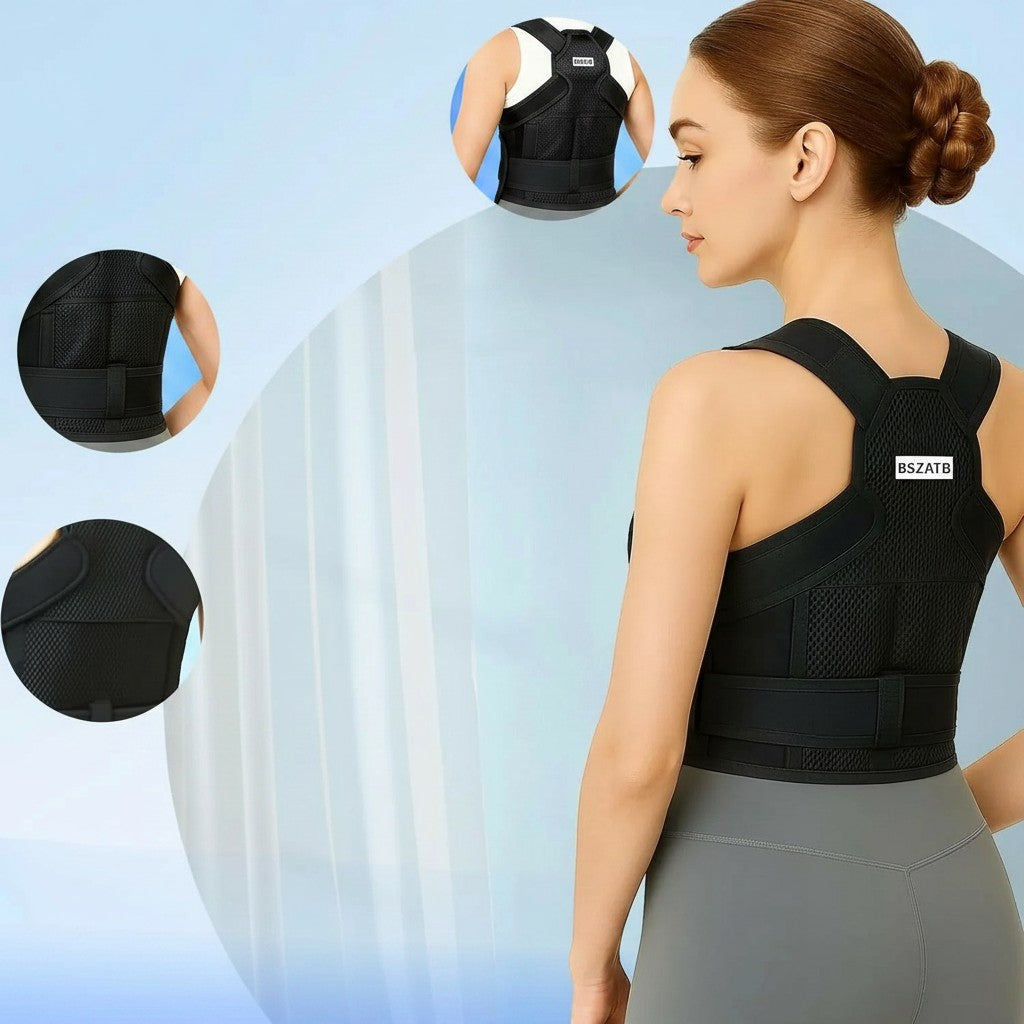 Essential Selects black adjustable posture corrector brace with breathable mesh and back support worn by a woman