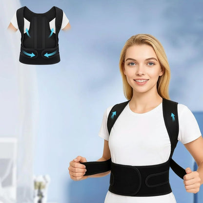 Essential Selects black adjustable posture corrector brace worn by a woman to provide back support and alignment.