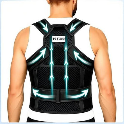 Essential Selects black adjustable posture corrector brace with breathable mesh and reinforced back support bars.