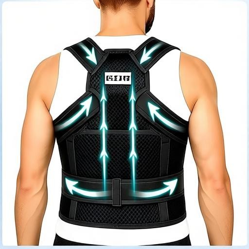 Essential Selects black adjustable posture corrector brace with breathable mesh and reinforced back support bars.