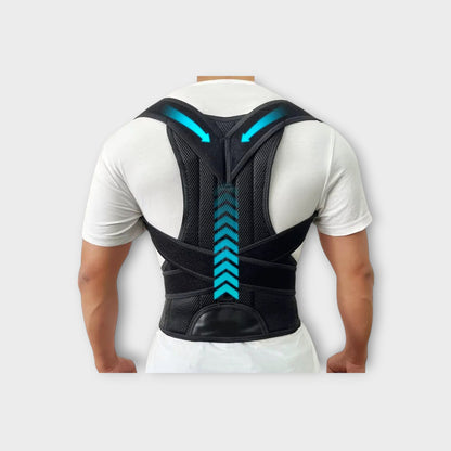 Essential Selects adjustable black mesh back posture corrector brace worn over a white t-shirt for spinal alignment.