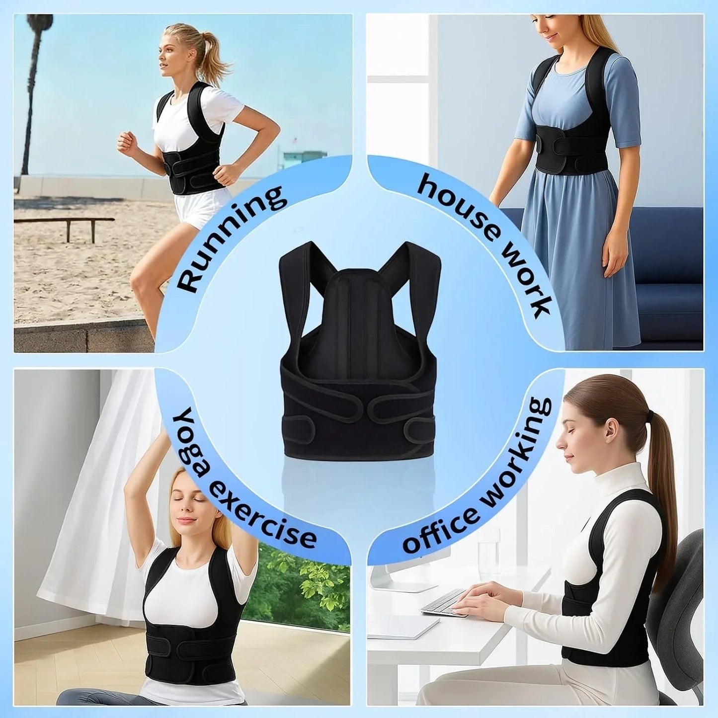 Essential Selects black adjustable posture corrector brace worn by women during running, housework, yoga, and office work.