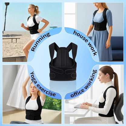 Essential Selects black adjustable posture corrector brace worn by women during running, housework, yoga, and office work.