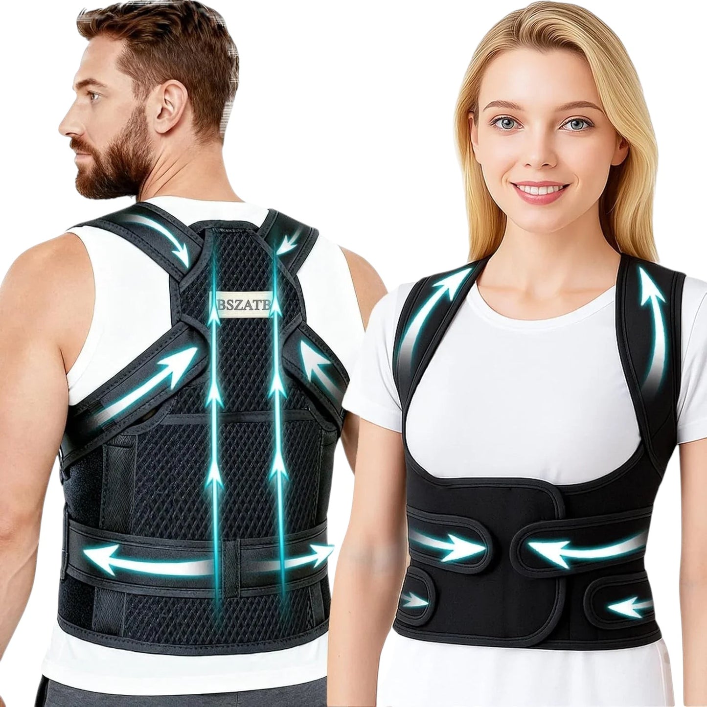 Essential Selects black adjustable posture corrector brace with breathable mesh worn by a man and woman for back support