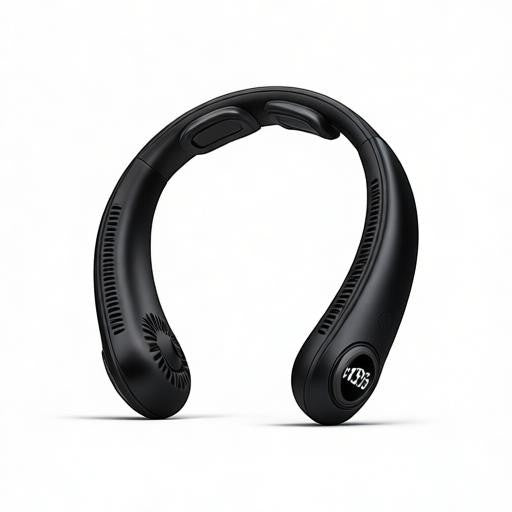 Essential Selects black bladeless wearable neck fan with LED digital display and 5 adjustable wind speeds