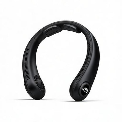Essential Selects black bladeless wearable neck fan with LED digital display and 5 adjustable wind speeds
