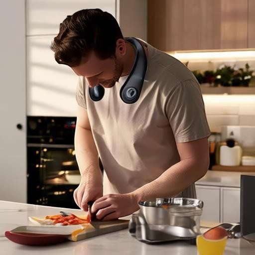 Essential Selects black bladeless wearable neck fan worn by a man cooking in a kitchen for hands-free cooling.