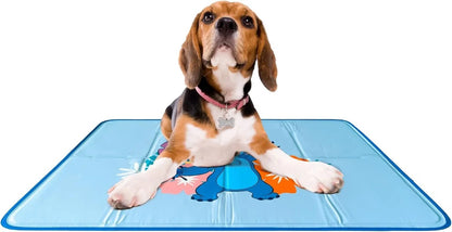 Essential Selects blue self-cooling gel pet pad with a beagle dog resting comfortably on top