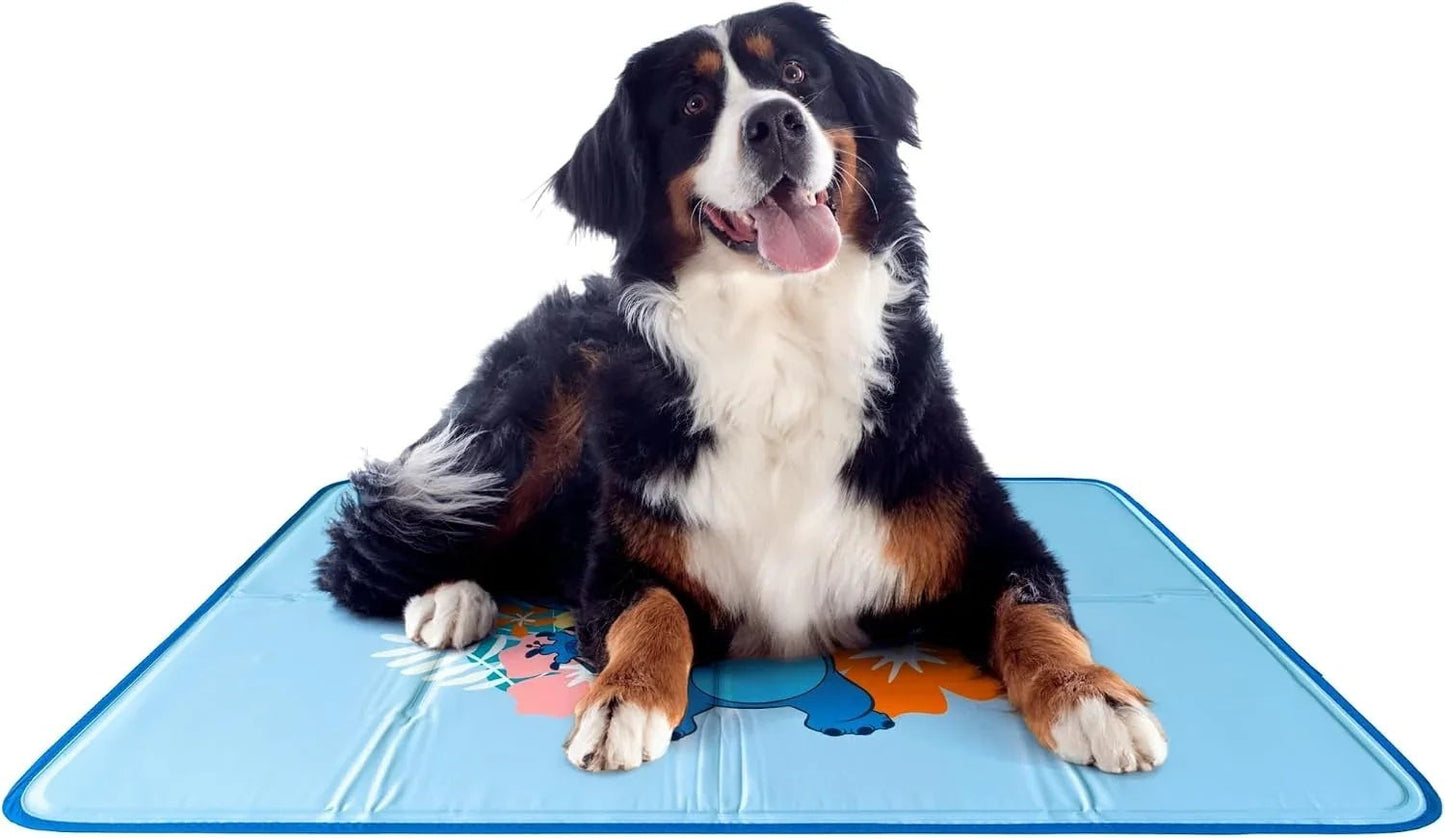 A Bernese Mountain Dog lying on a blue Essential Selects self-cooling gel pet pad with a floral pattern.