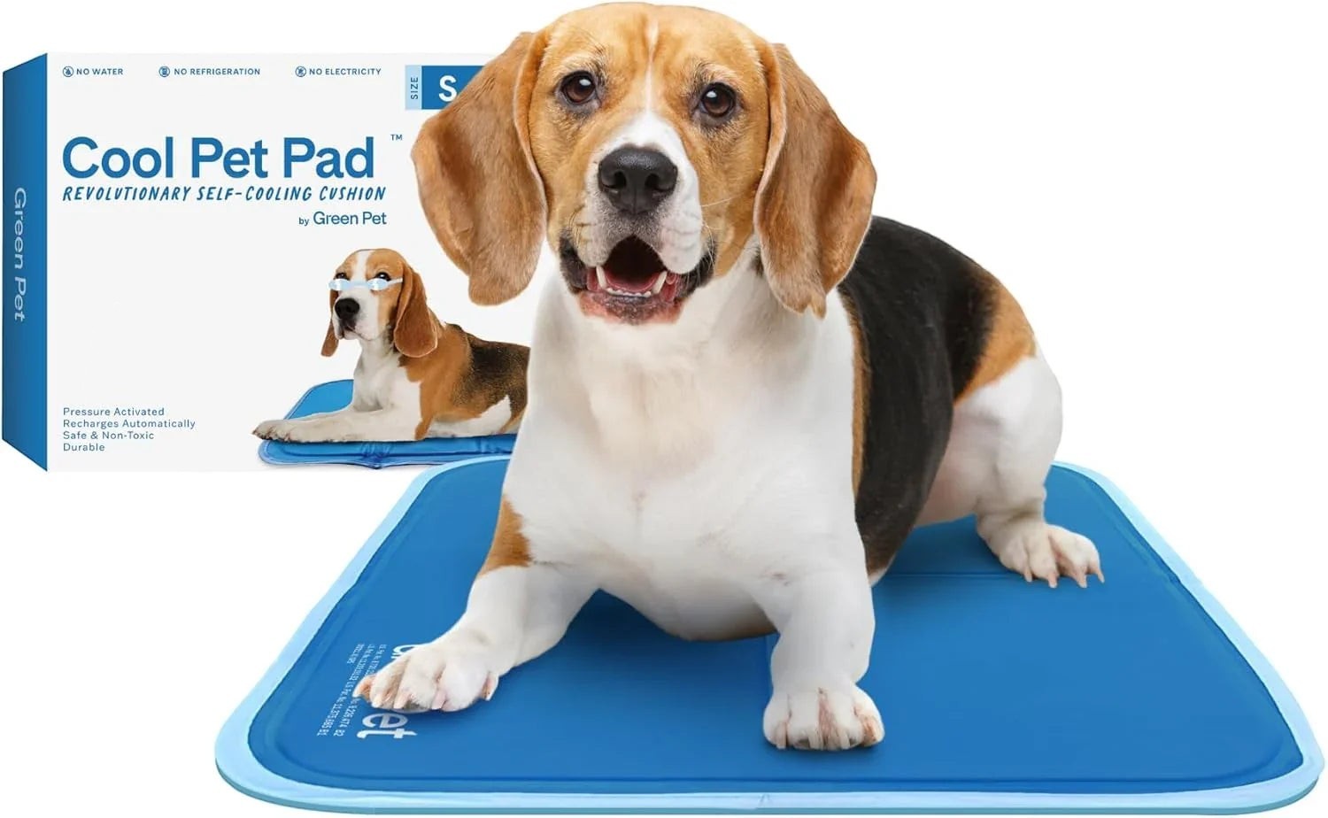 Essential Selects blue self-cooling gel pet pad with a beagle resting on it, featuring pressure-activated technology.