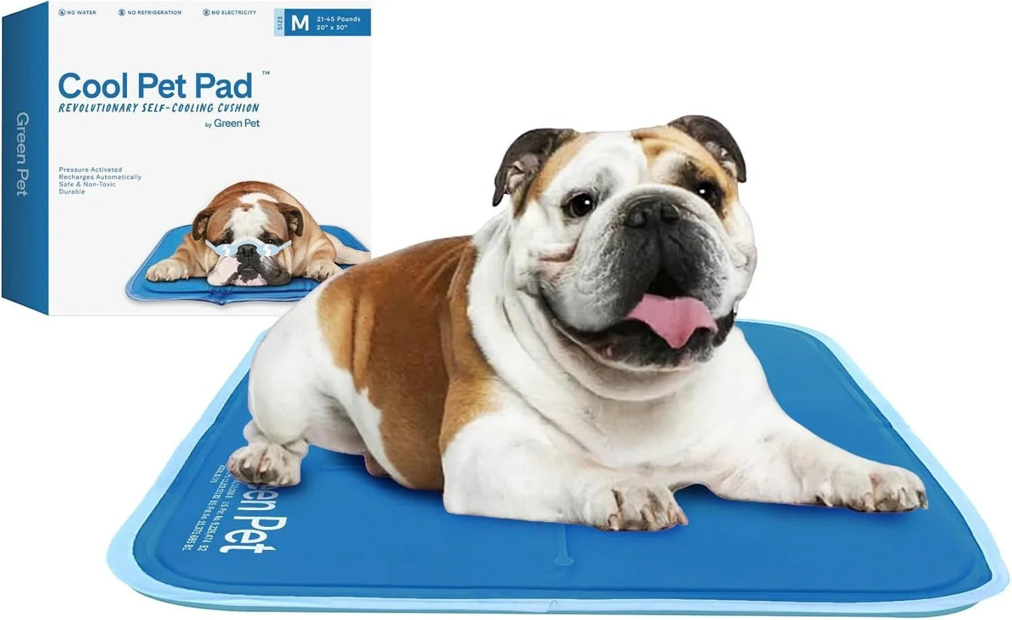 Essential Selects blue self-cooling gel pet pad with a bulldog resting on it, featuring pressure-activated technology.