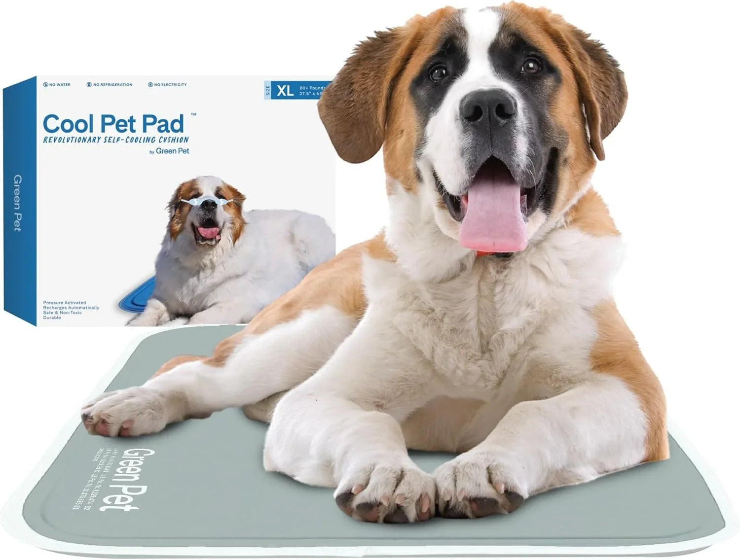 Essential Selects blue self-cooling gel pet pad with a large dog resting comfortably on it