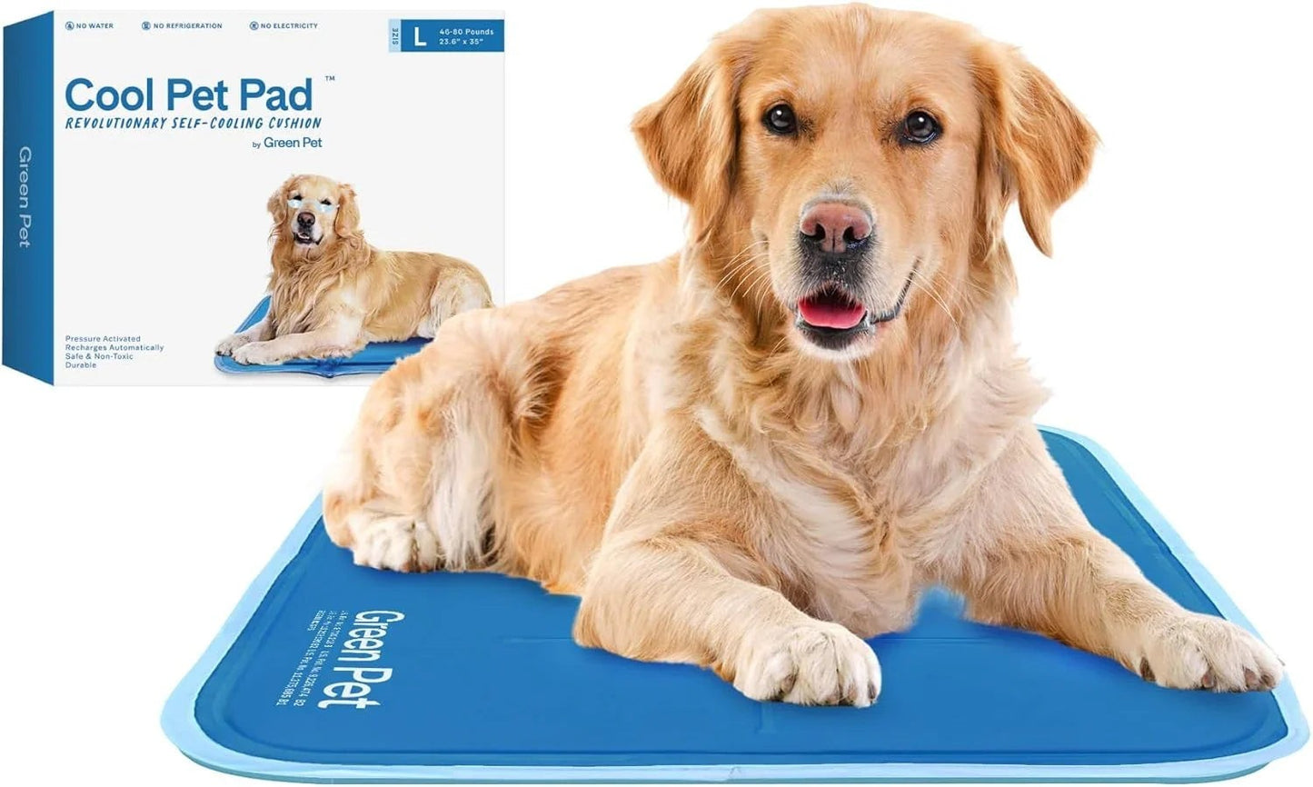 Essential Selects blue self-cooling gel pet pad with a golden retriever resting comfortably on it.