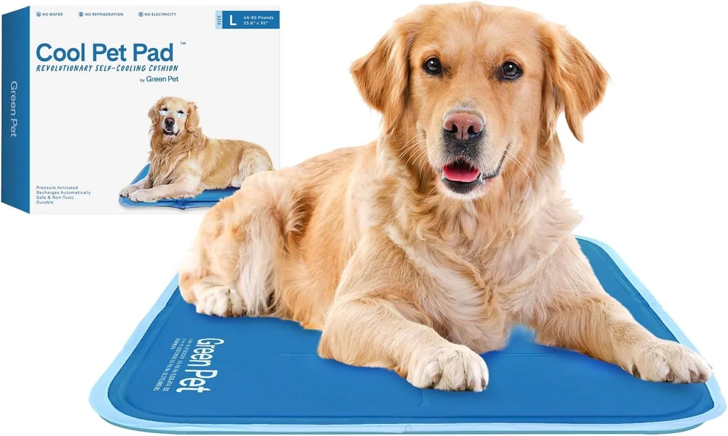 Essential Selects blue self-cooling gel pet pad with a golden retriever resting comfortably on it.
