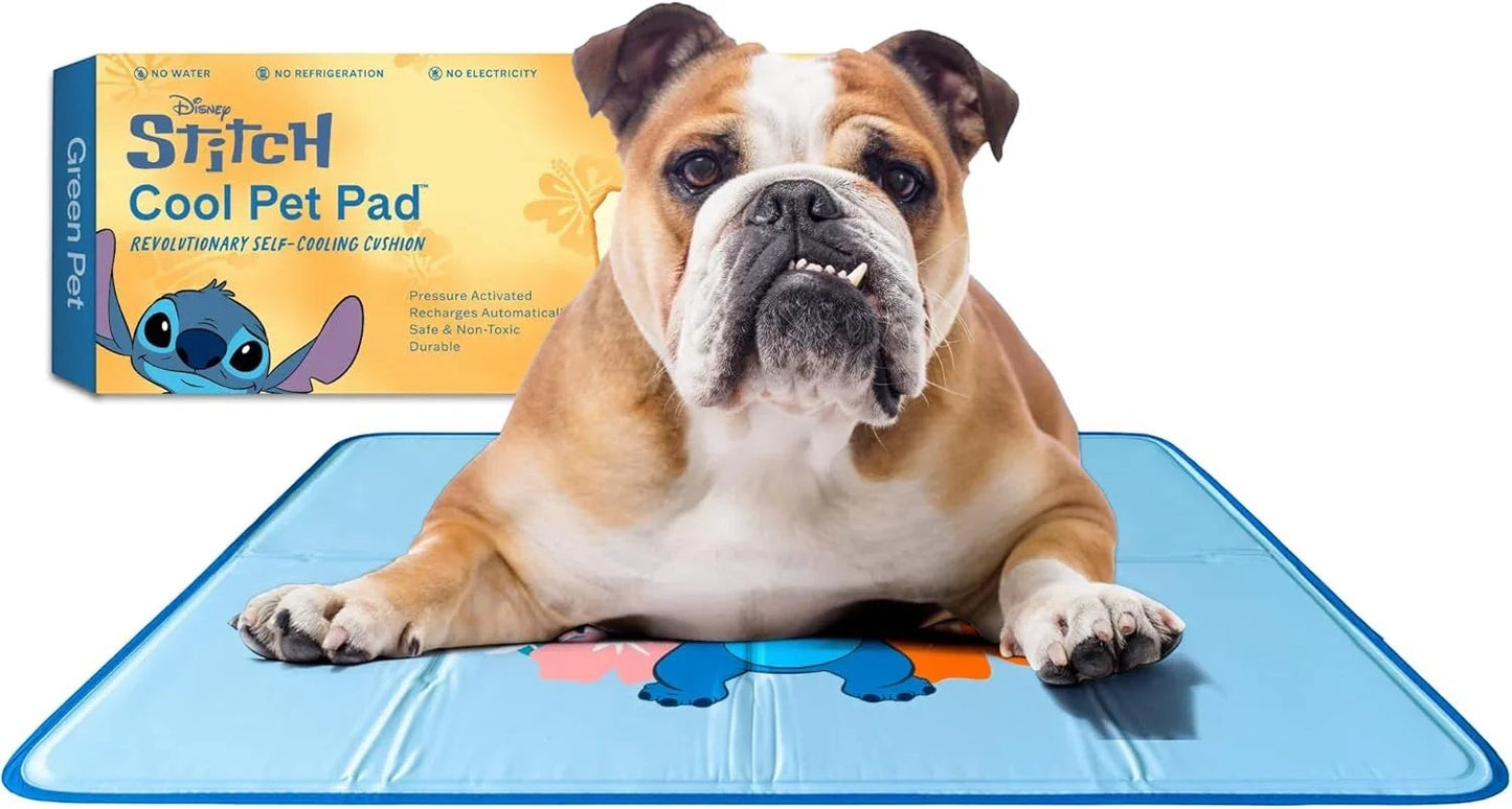 Essential Selects blue Disney Stitch self-cooling gel pet pad with a bulldog resting on it
