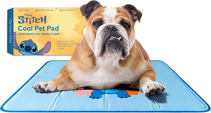 Essential Selects blue Disney Stitch self-cooling gel pet pad with a bulldog resting on it