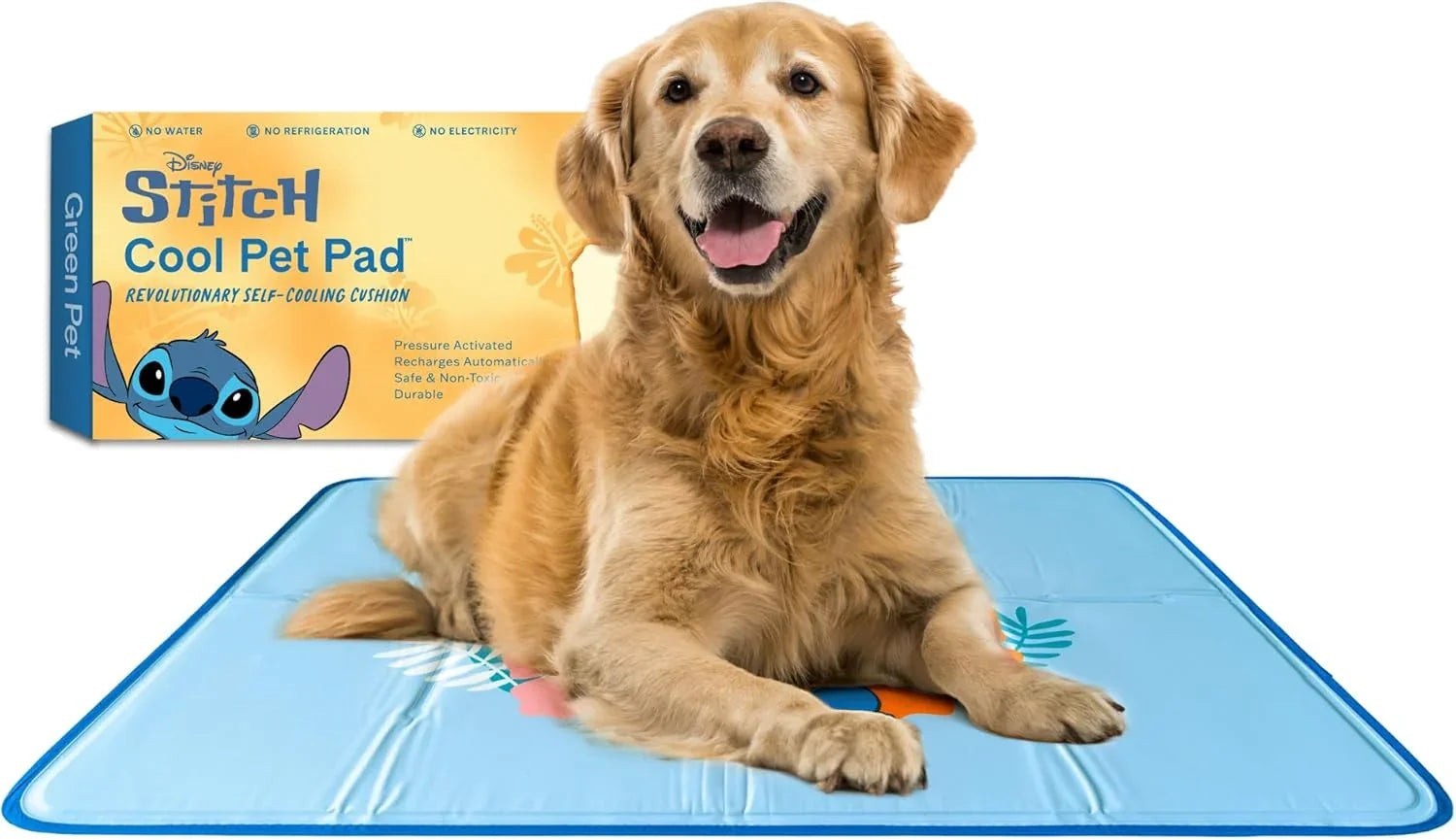 Essential Selects blue self-cooling gel pet pad with a golden retriever lying on it and its original packaging box.