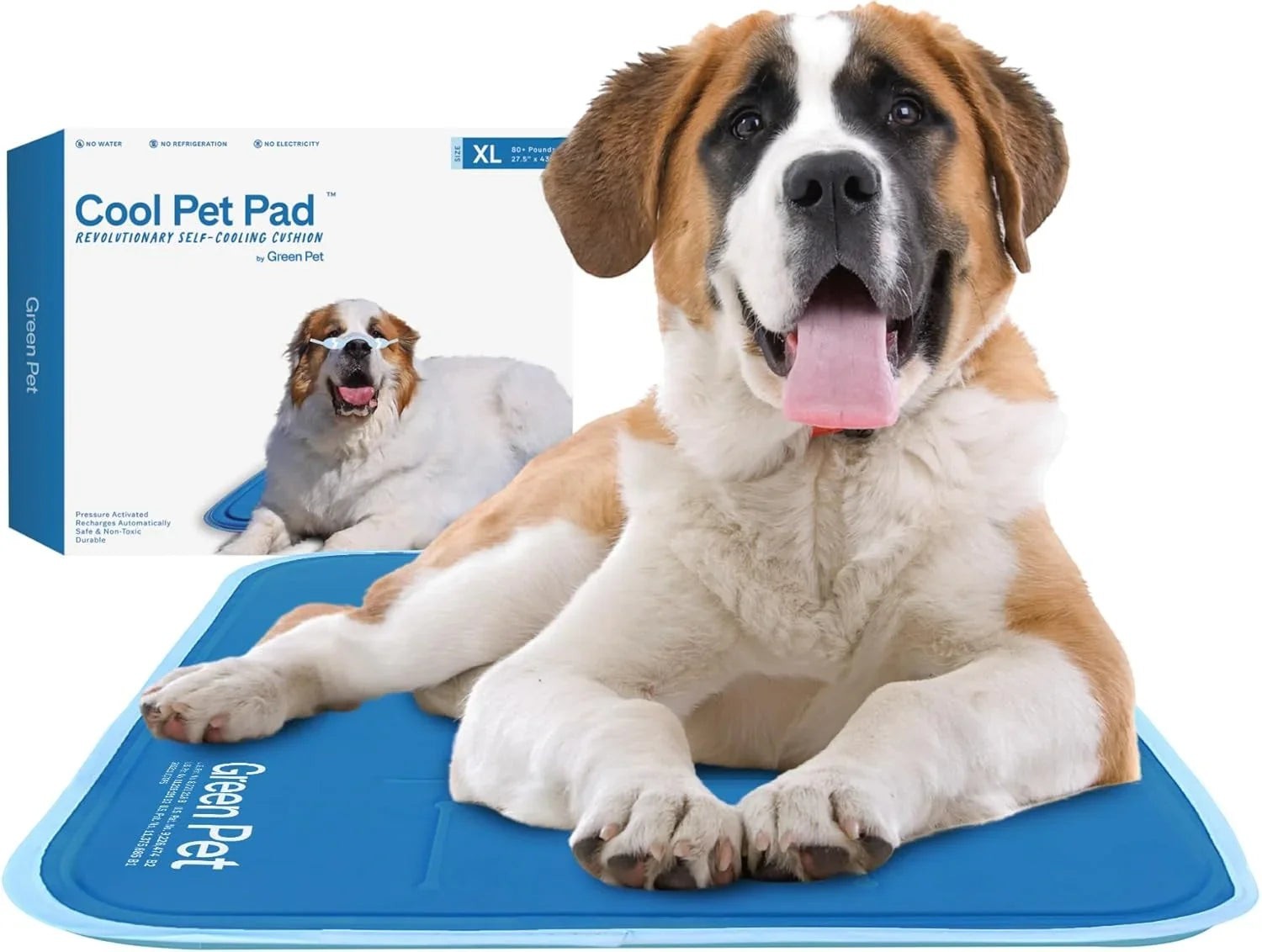 Essential Selects blue self-cooling gel pet pad with a large dog resting comfortably on it for heat relief.